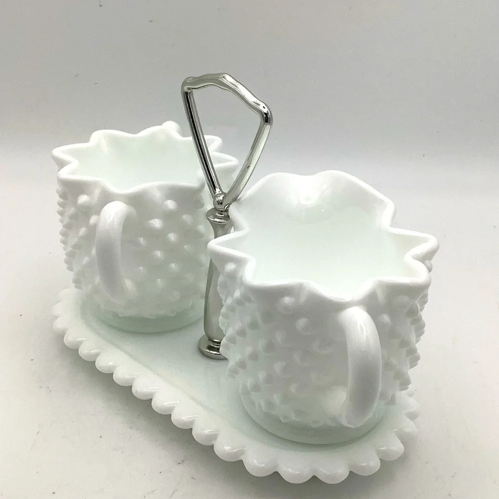 White Hobnail Milk Glass Creamer and Sugar Set